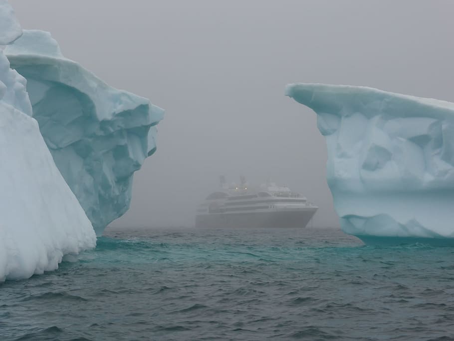 navio de cruzeiro, corpo, água, Icebergs, Antártica, Oceano Antártico, blocos de gelo, nevoeiro, mar, embarcação náutica