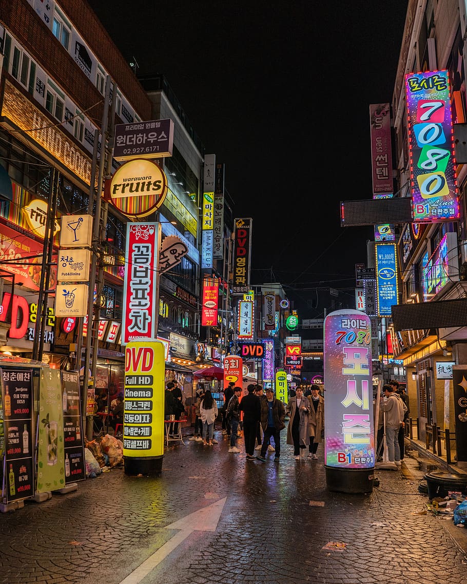 neon, street, lights, korea, seoul, signs, city, urban, downtown, night