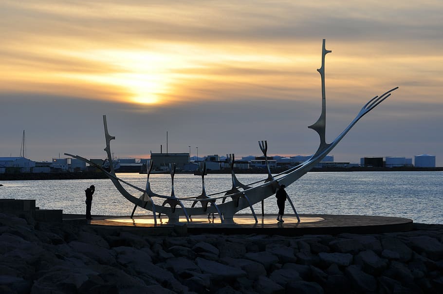 Reykjavik, Islândia, nave, escultura, viking, solfar, viajante do sol, Jon Gunnar árnason, água, pôr do sol