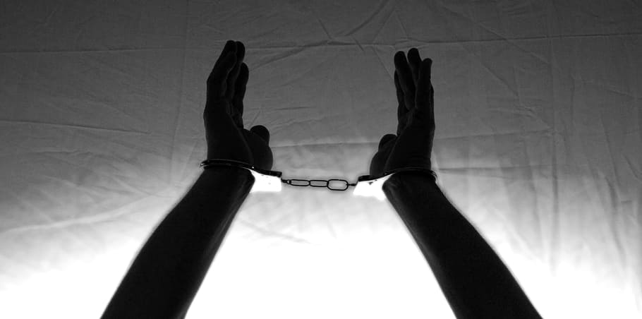 person, hand, handcuffs, hands, tied up, bondage, hands up, crime, arrest, suspicion