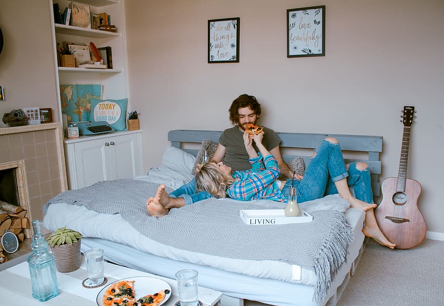 man, sitting, bed, woman, lying, room, indoor, people, couple, guitar