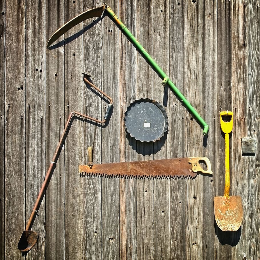 tools, farm tools, shovel, saw, farm, agriculture, equipment, work, rural, barn siding