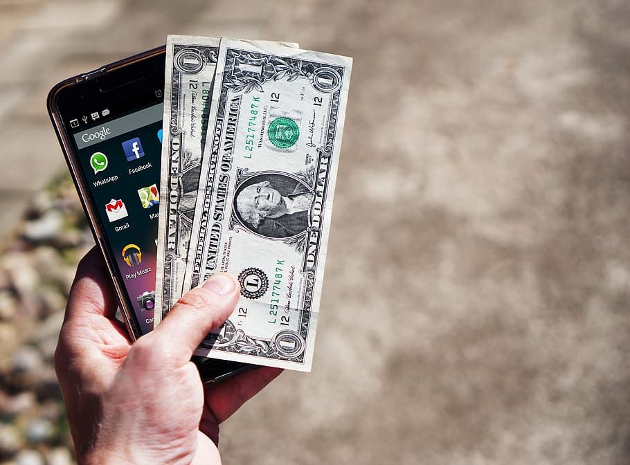 person, holding, black, android smartphone, mobile phone, money, banknotes, us dollars, save money, jack