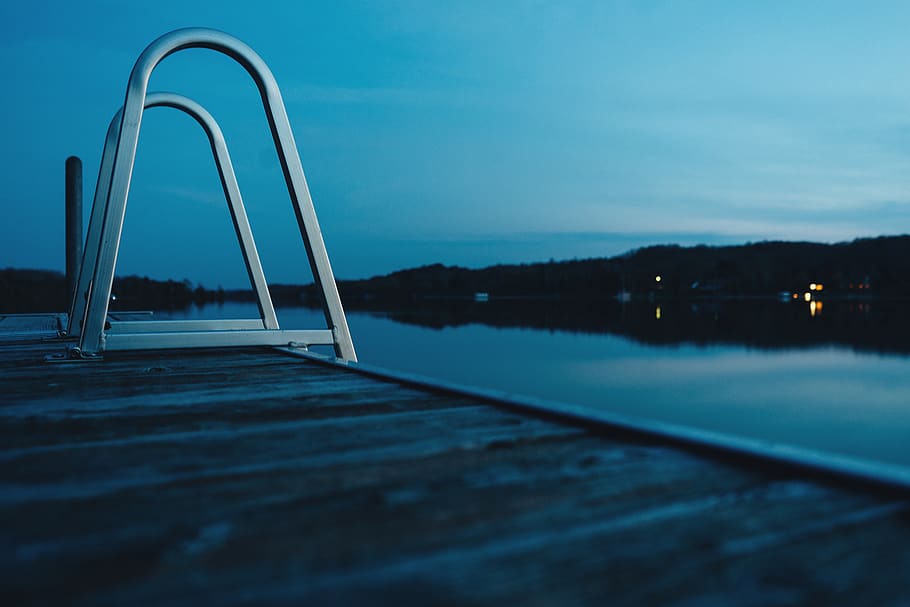 dock, ladder, steps, lake, water, night, reflection, evening, sky, nature