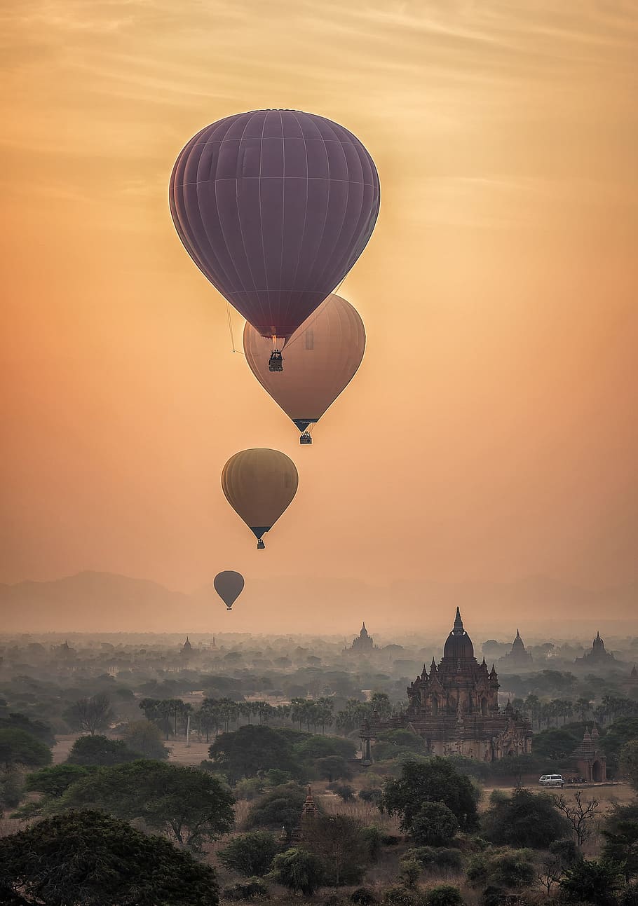 five, assorted-color, hot, air balloons, adventure, hot air ballon, ancient, archaeological, architecture, asia