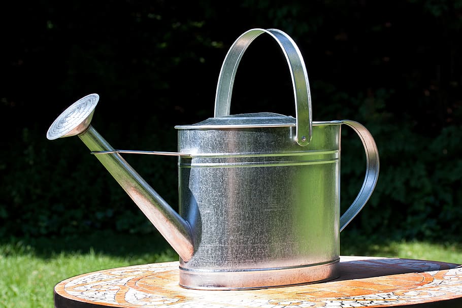 closeup, photography, gray, stainless, steel, watering, table, daytime, watering can, sprinkler