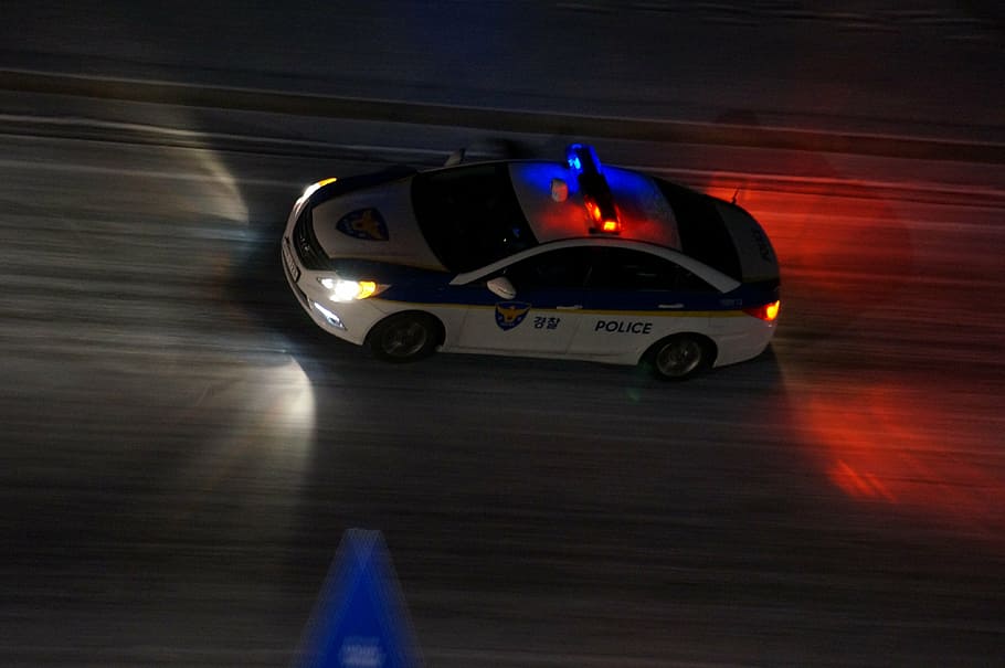 white, police sedan, road, night time, republic of korea, police car, police, night, duty, serena