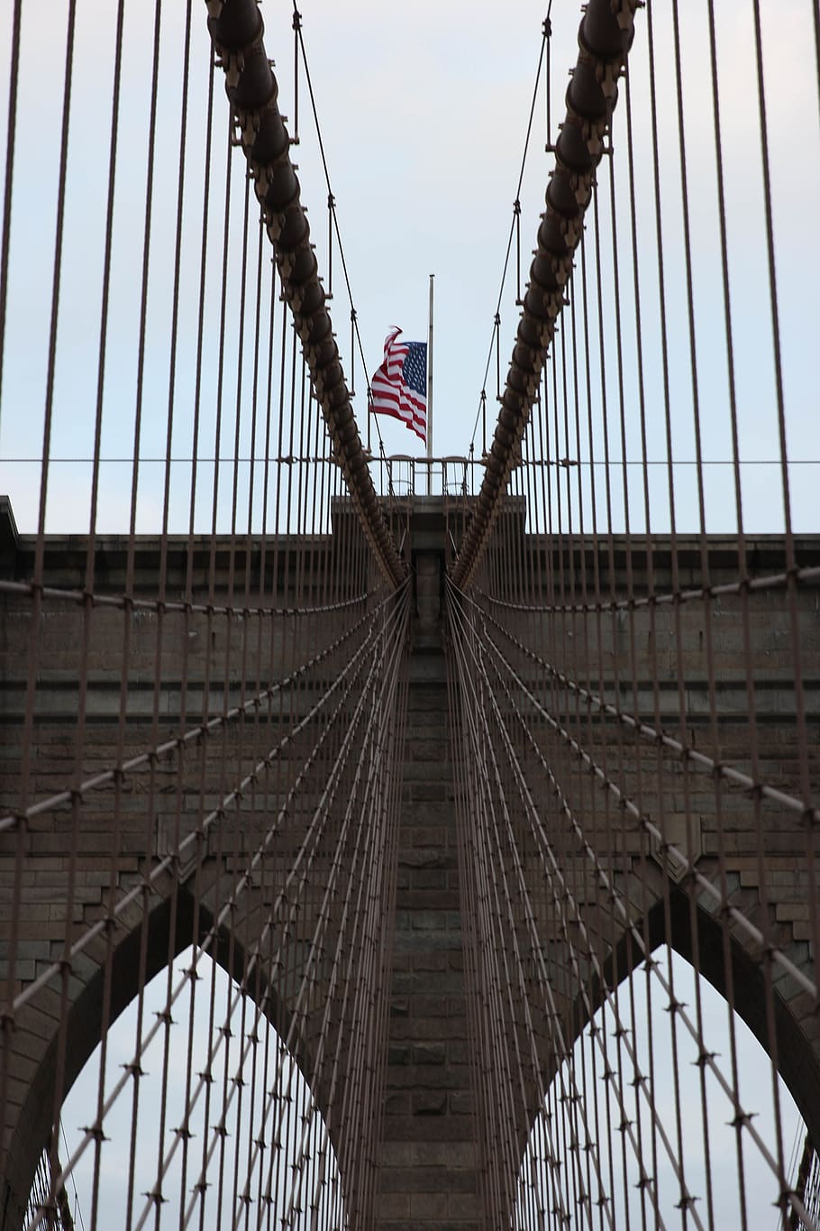american, flag, bridge, cables, architecture, structure, sky, brooklyn, new york, construction