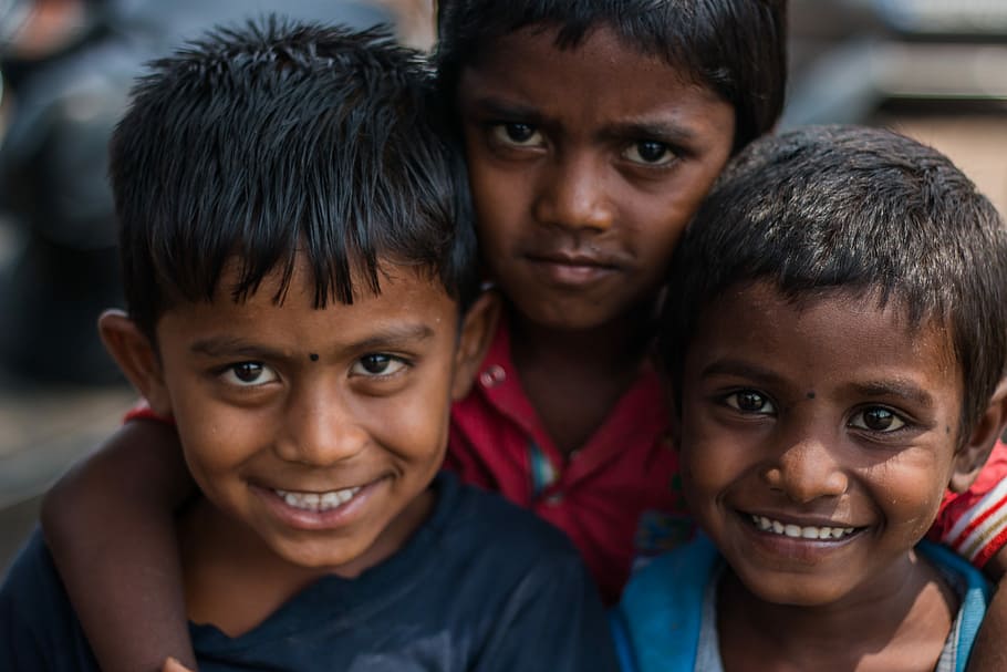 selective, focus photography, three, boys, portrait, three boys, kids, slum, poverty, poor