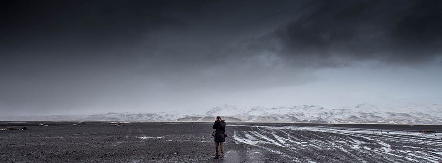 clouds, mountains, panoramic, person, photographer, sky, camera, widescreen, wallpaper, one person