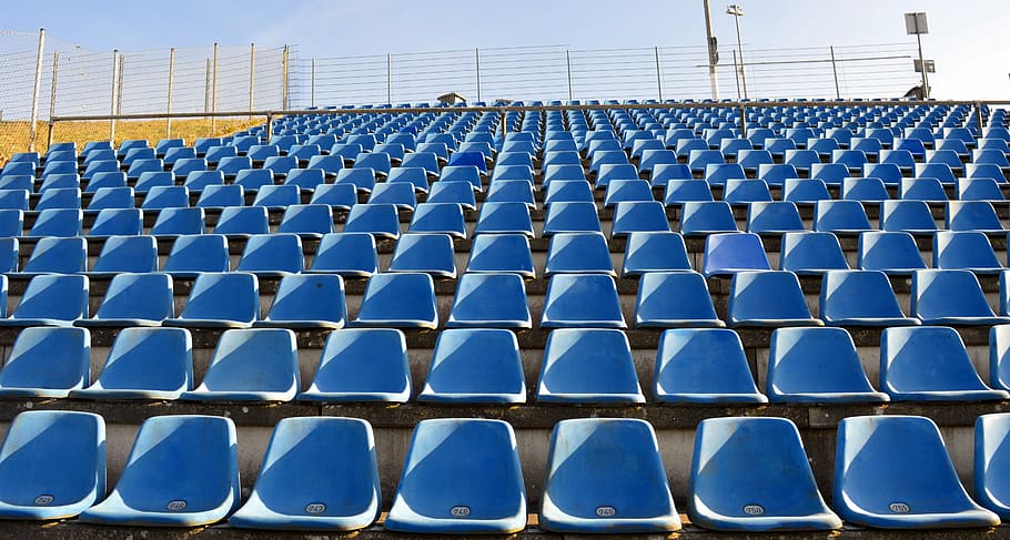 arquibancada, sentar-se, assentos, esporte, série, assentos de balde, auditório, vazio, perspectiva, azul