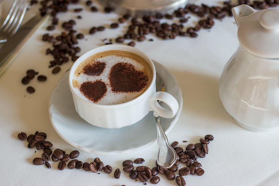 white, ceramic, coffe cup, saucer, set, coffee, coffee cup, café au lait, cappuccino, cup