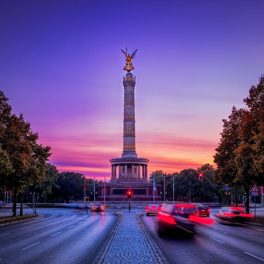 time-lapse photo, cars, passing, road, concrete, tower, siegessäule, berlin, capital, landmark