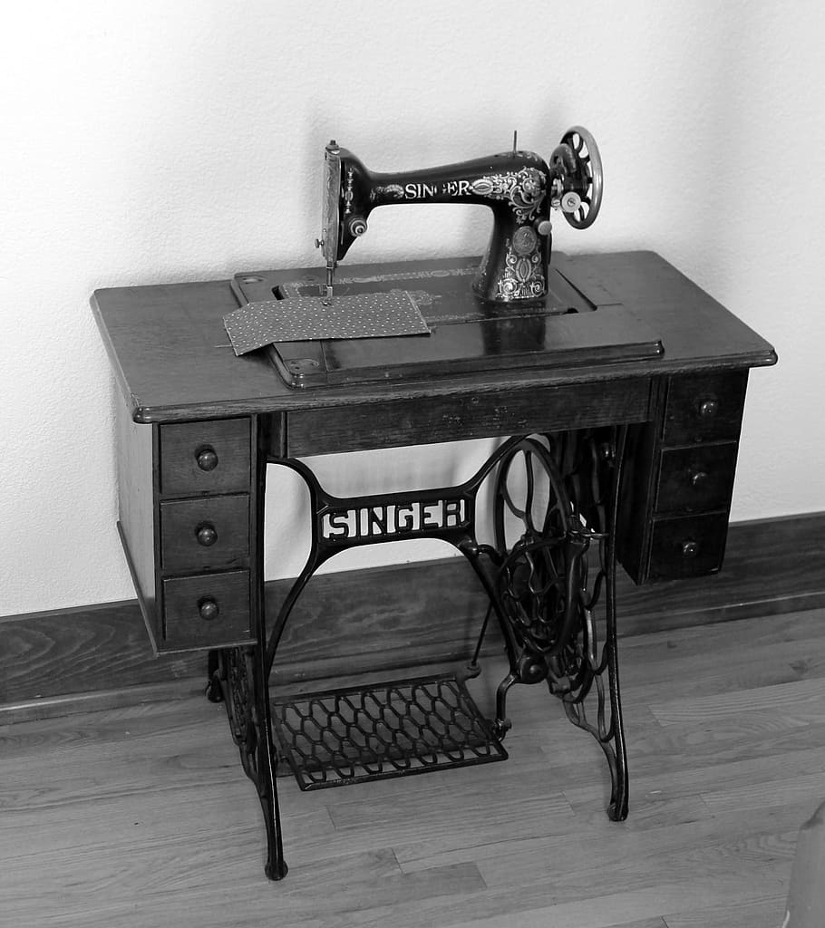 grayscale photo, singer treadle sewing machine, concrete, wall, Fort Reno, Oklahoma, Singer, Sew, fort reno, oklahoma, sewing machine