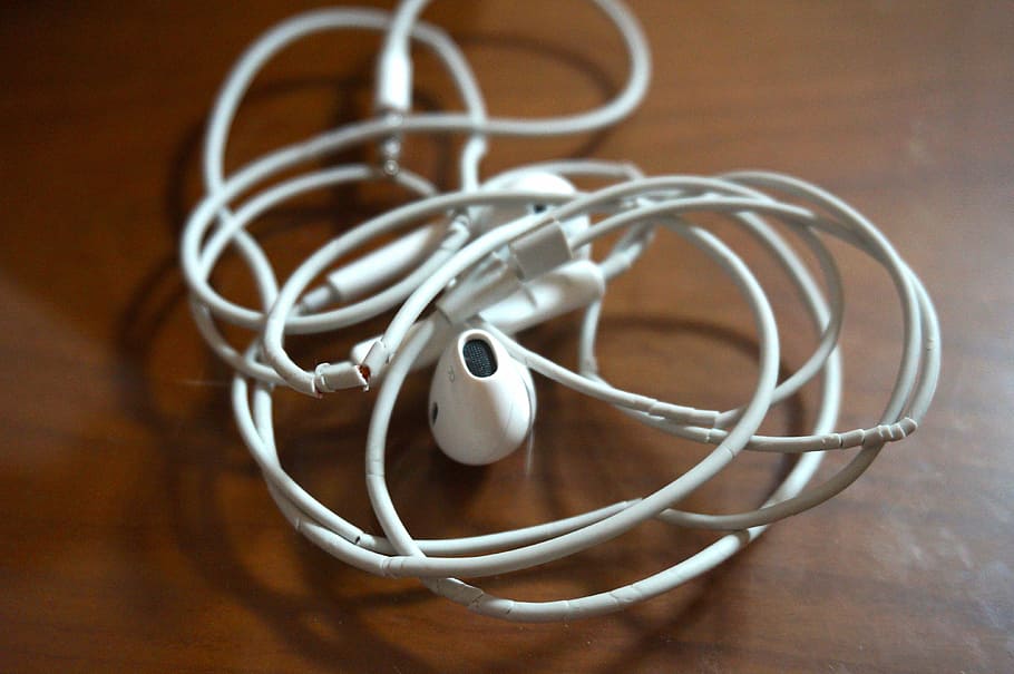 earpod, apple, earphone, indoors, technology, connection, close-up, cable, listening, focus on foreground