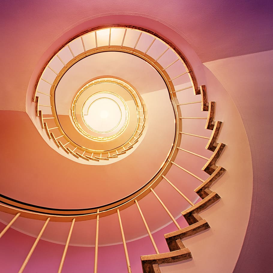 pink, spiral stairs illustration, level, architecture, contemporary, within, spiral, perspective, light, stairs