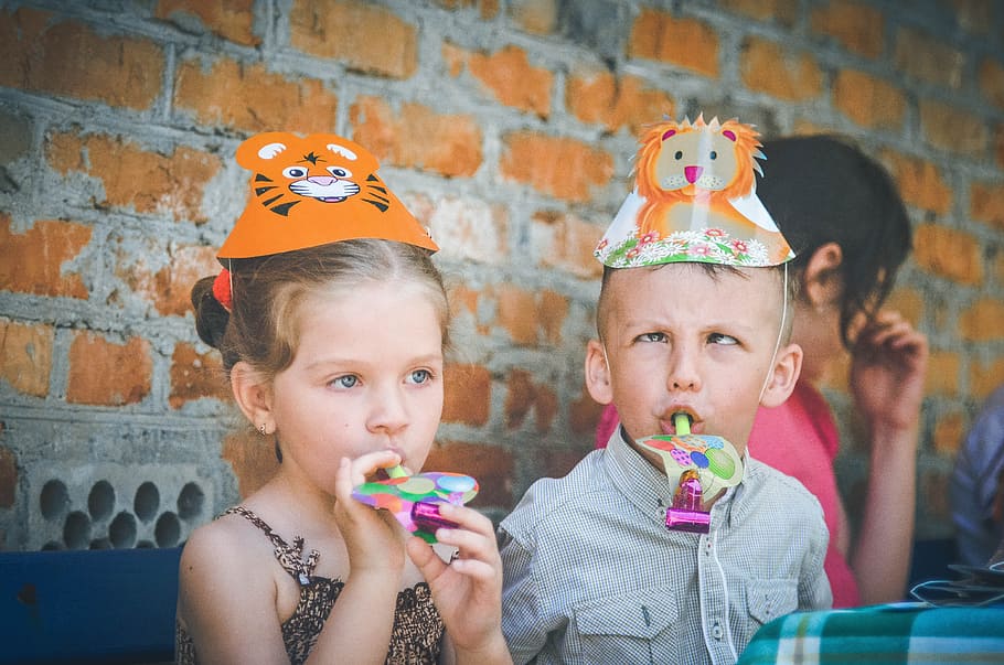 girl, boy, wearing, animal, themed, party hats, kids, childhood, baby, the little girl