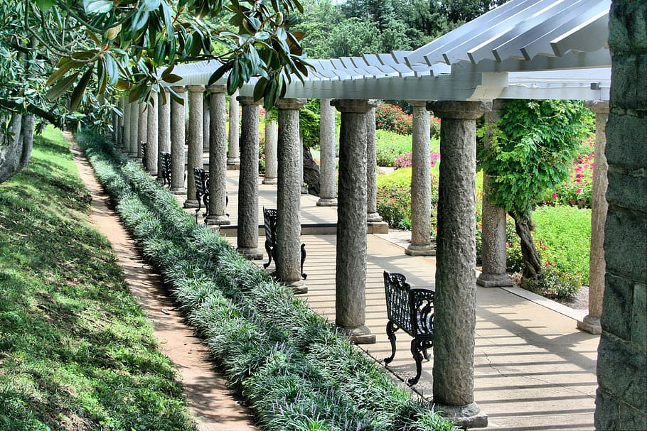 Pergola, Benches, Walkway, wisteria arbor, shade, grass, pavilion, gazebo, wooden, structure