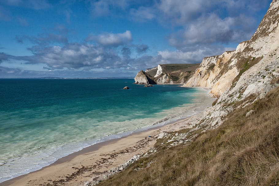 bidikan lanskap sudut lebar, putih, tebing, Wide-angle, lanskap, tembakan, tebing putih, Pantai Jurassic, Dorset, Inggris