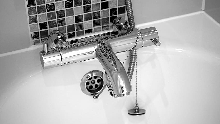 chrome faucet, tap, faucet, plumbing, bathroom, metal, shiny, bath, white, water
