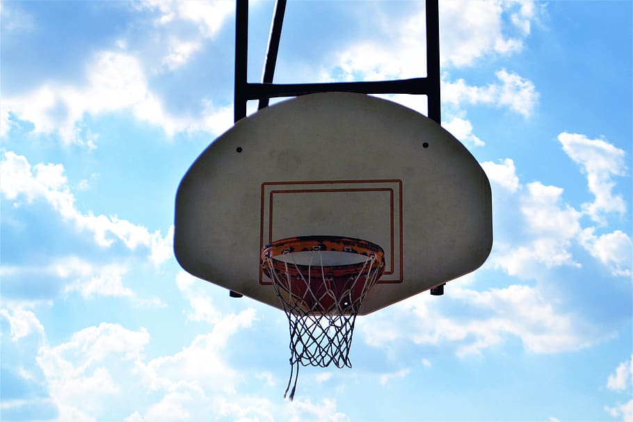 basketball, backboard, sports, court, clouds, background, dunk, play, net, team