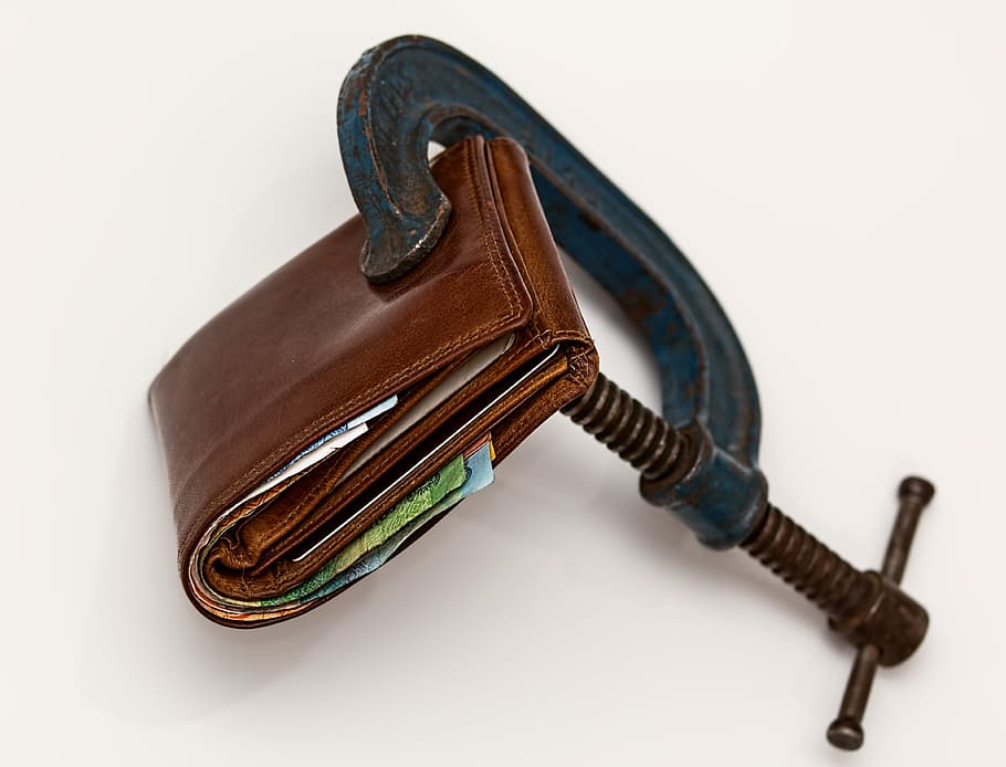brown, leather wallet, clamp, c-clamp, credit squeeze, taxation, purse, tax, economic stress, tight budget