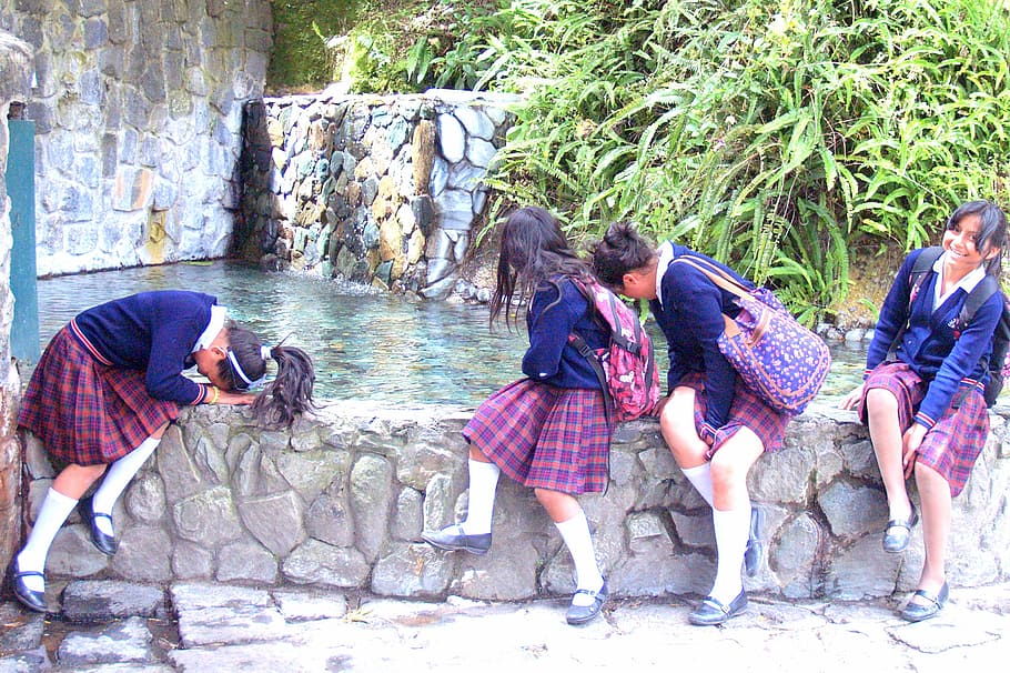 banos, school girls, waterfall, fountain, hair, ecuador, pool, laughing, dipping, group of people