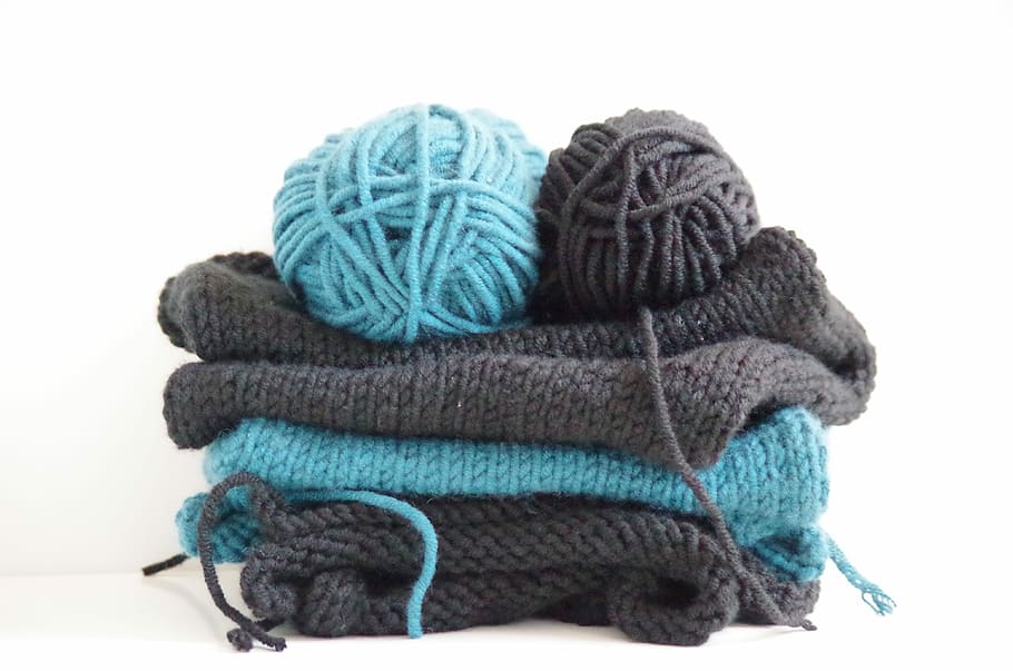 azul, branco, de malha, fios, lã, tricô, artesanato, bola de lã, fundo branco, agulha de tricô