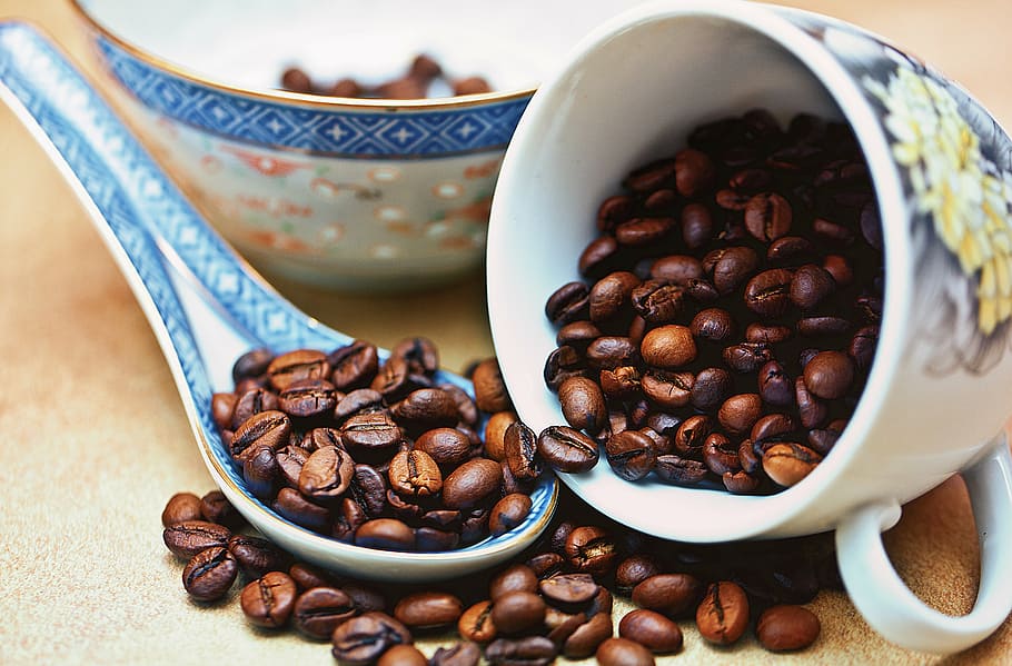 biji kopi, di dalam, mug, panel, kopi, kopi biji-bijian, kopi panggang, berbagai kopi, arabika, robusta