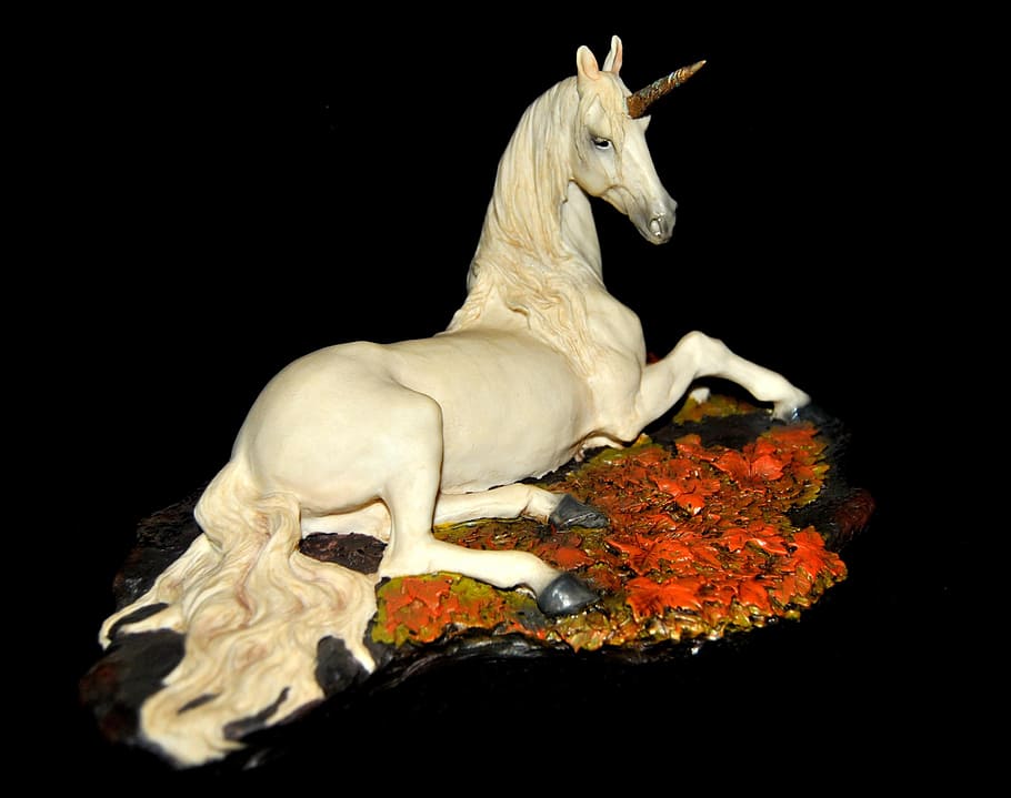 white, ceramic, unicorn figurine, unicorn, fantasy, mythical creatures, figure, art and craft, black background, sculpture