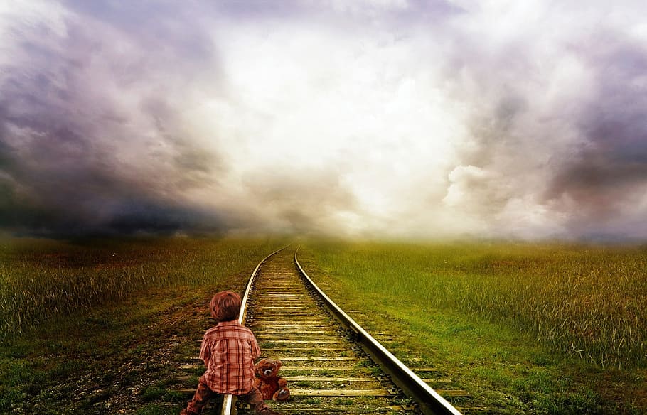 boy, sitting, train rail, cloudy, sky, lighting, color nuances, galaxy, fog, kosmus