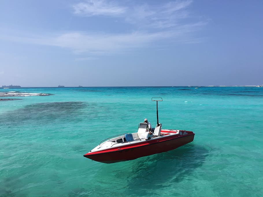 white, red, motorized, boat, body, water, travel, north pacific, island, guam