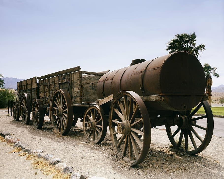 brown, wooden, carriage, roadway, barrel, borax wagons, desert, historical, mining, transportation