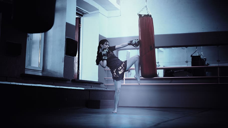 girl, kickboxing, mma, muay thai, gym, punching bag, fitness, exercise, working out, boxing gloves