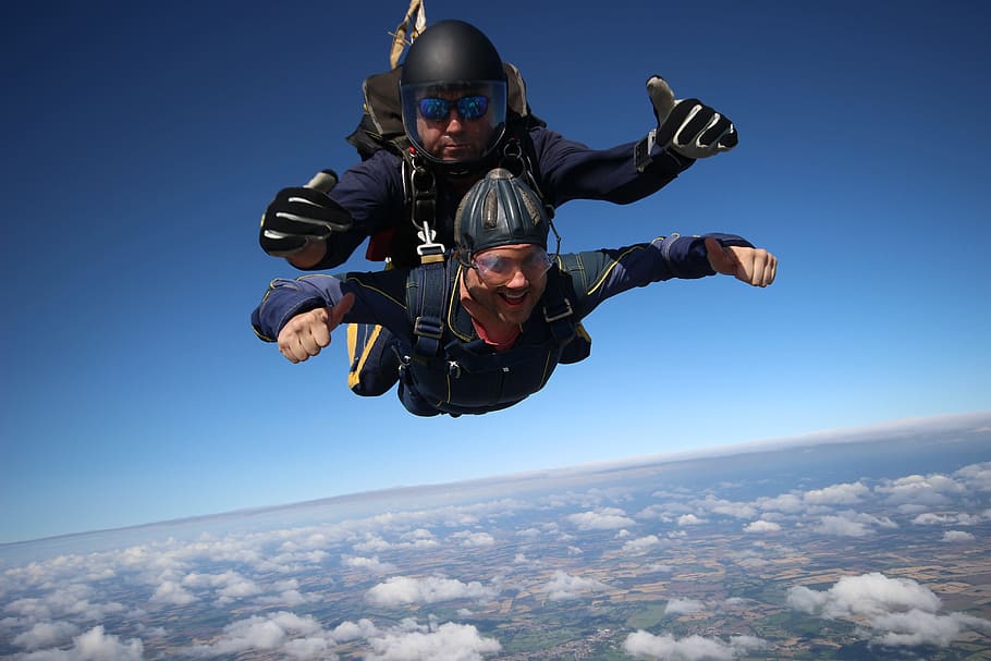tandem, skydive, fun, mid-air, skydiving, one person, sky, blue, sport, full length