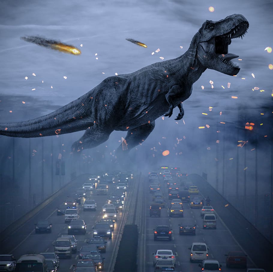 dinosaur, meteor, traffic, fog, road, highway, travel, asphalt, infrastructure, concrete