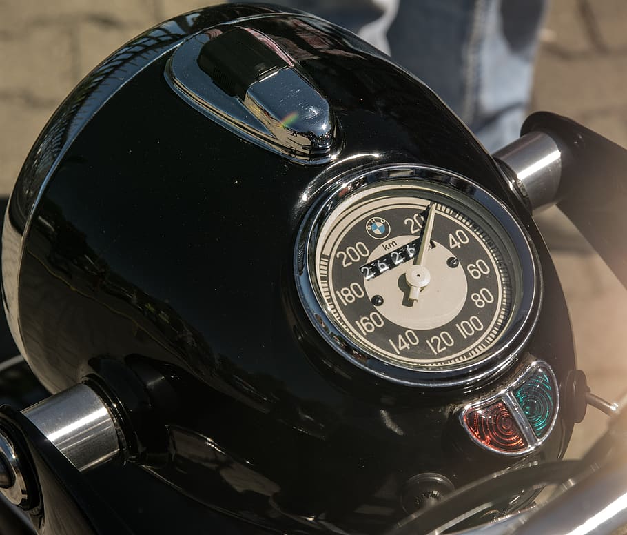 motorcycle, bmw, speedometer, kilometer display, oldtimer, vehicle, chrome, spotlight, krad, technology