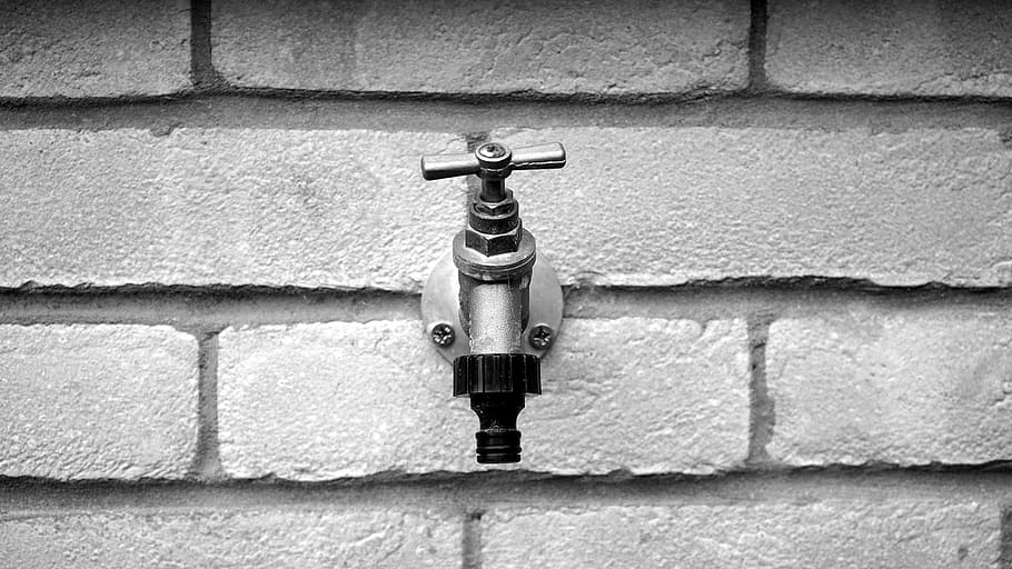 bricks, faucet, grayscale, black and white, monochrome, wall - building feature, wall, brick wall, brick, built structure