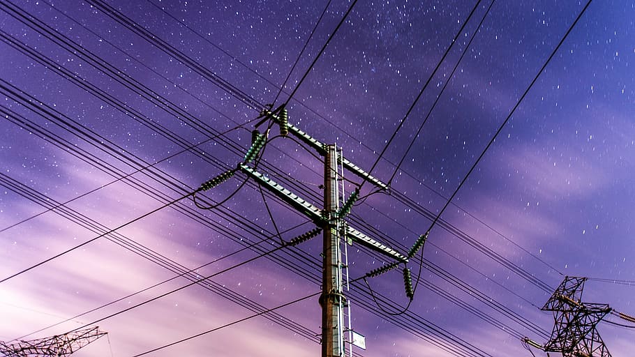 anime winds, telephone poles, night, stars, fuel and power generation, cable, sky, low angle view, technology, electricity