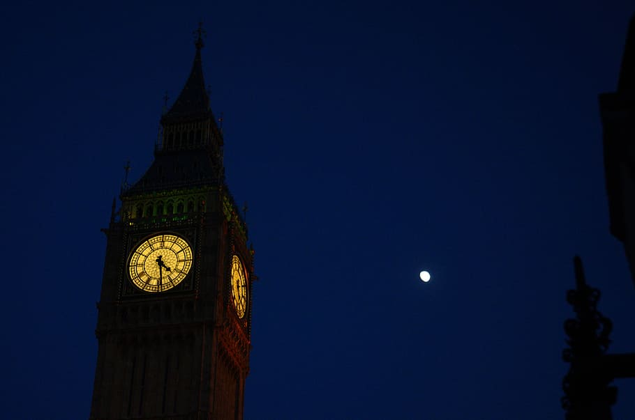 Bigben, Clocktower, Parliament, Tower, night, moon, blue, london, landmark, building