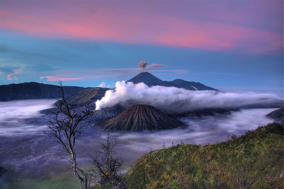 antena, vista, montanha, fotografia, montanhas, vulcões, fumaça, nuvens, roxo, azul