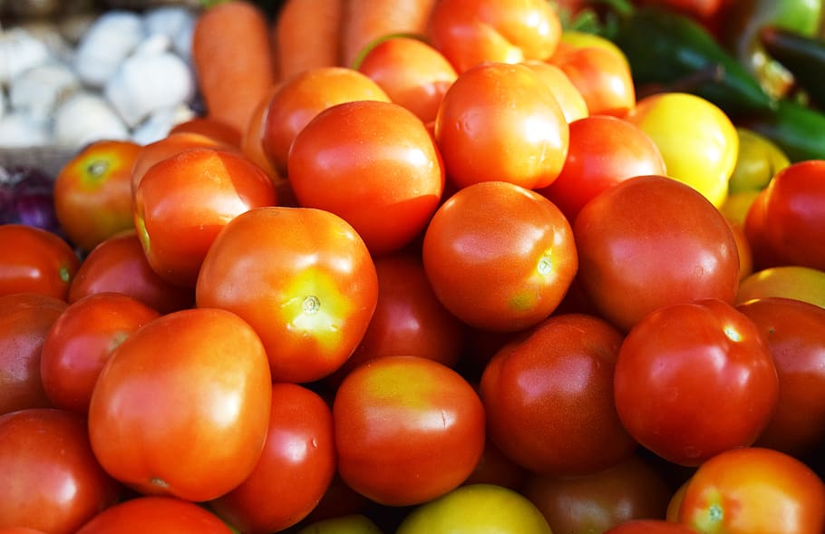 tomat, makanan, buah, sehat, pasar, tumbuh, sayur-mayur, setumpuk, berair, kesegaran