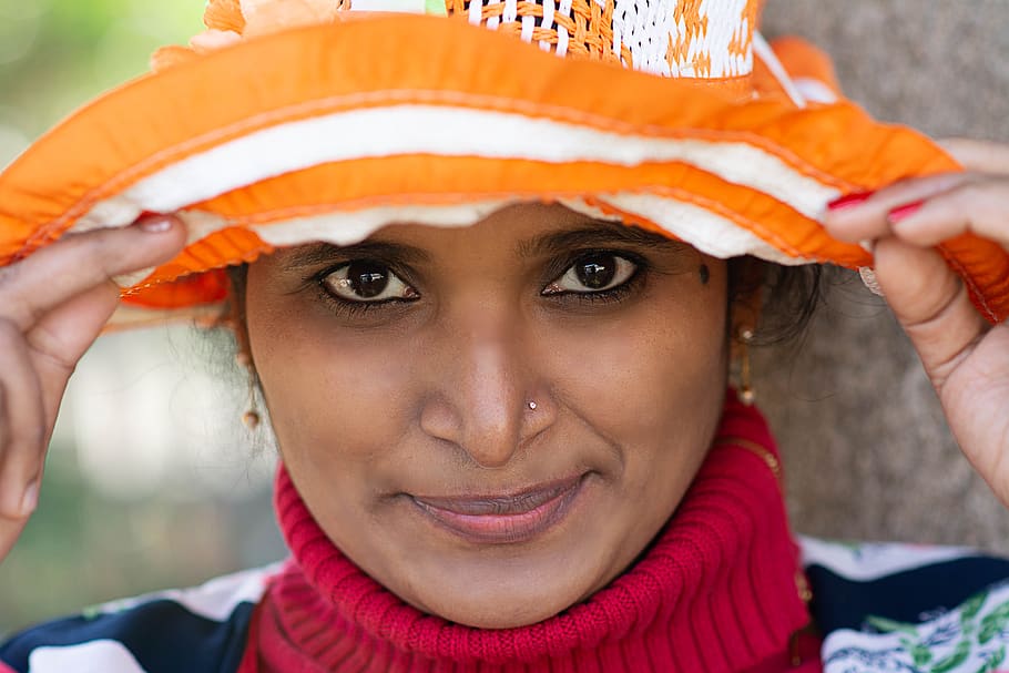 woman, portrait, indian, face, tiger, head, headshot, one person, looking at camera, close-up