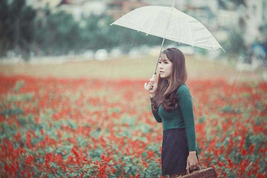 mujer, vistiendo, verde, manga larga, camisa, tenencia, gris, paraguas, rojo, jardín de flores de pétalos