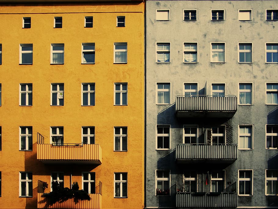 brown, gray, concrete, building collage, yellow, painted, buildings, houses, apartments, windows