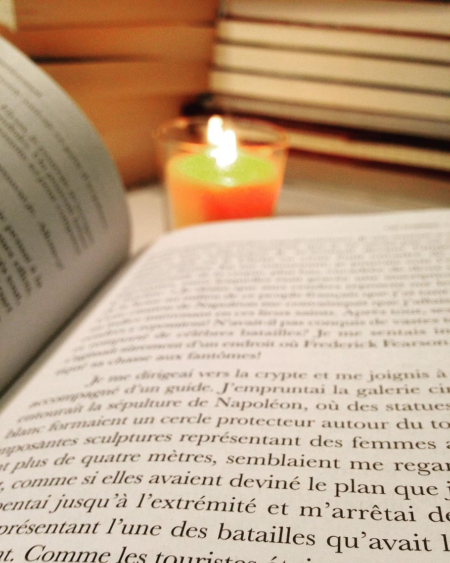 candle, book, reading, light, paper, white, mystery, vintage, candlelight, interior