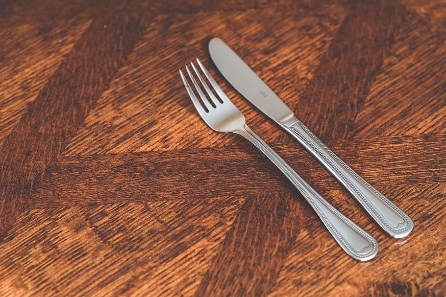 grey, stainless, steel fork, steak knife, knive, fork, cutlery, eating, silver, table