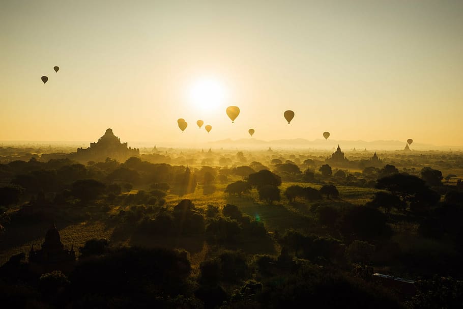caliente, globos aerostáticos, volando, puesta de sol, bagan, myanmar, birmania, viajar, templo, budismo