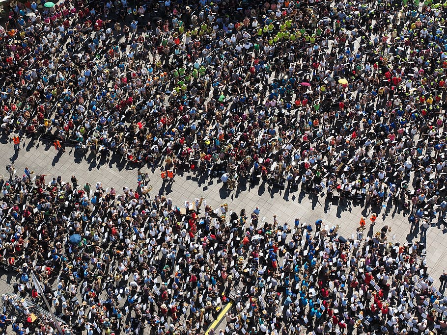 aerial, shot, people, human, crowds, collection, group, ulm, cathedral square, trombone day
