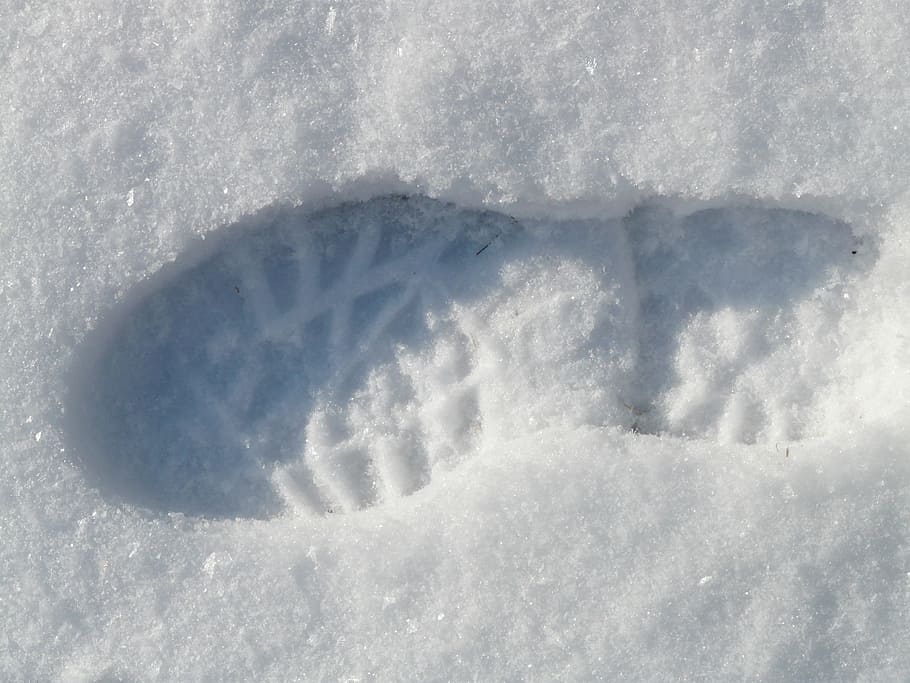 foot, footprint, step, winter, reprint, deep snow, snow, cold, white color, nature